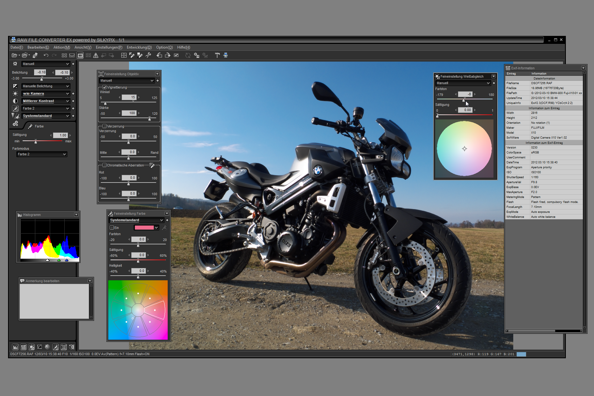 Der mitgelieferte Silkypix RAW-Converter bietet die üblichen Funktionen und Einstellmöglichkeiten, um aus dem rohen bzw. unbearbeiteten Sensorbild ein optimales Bild zu "entwickeln". Andere RAW-Konverter können heutzutage aber weit mehr.